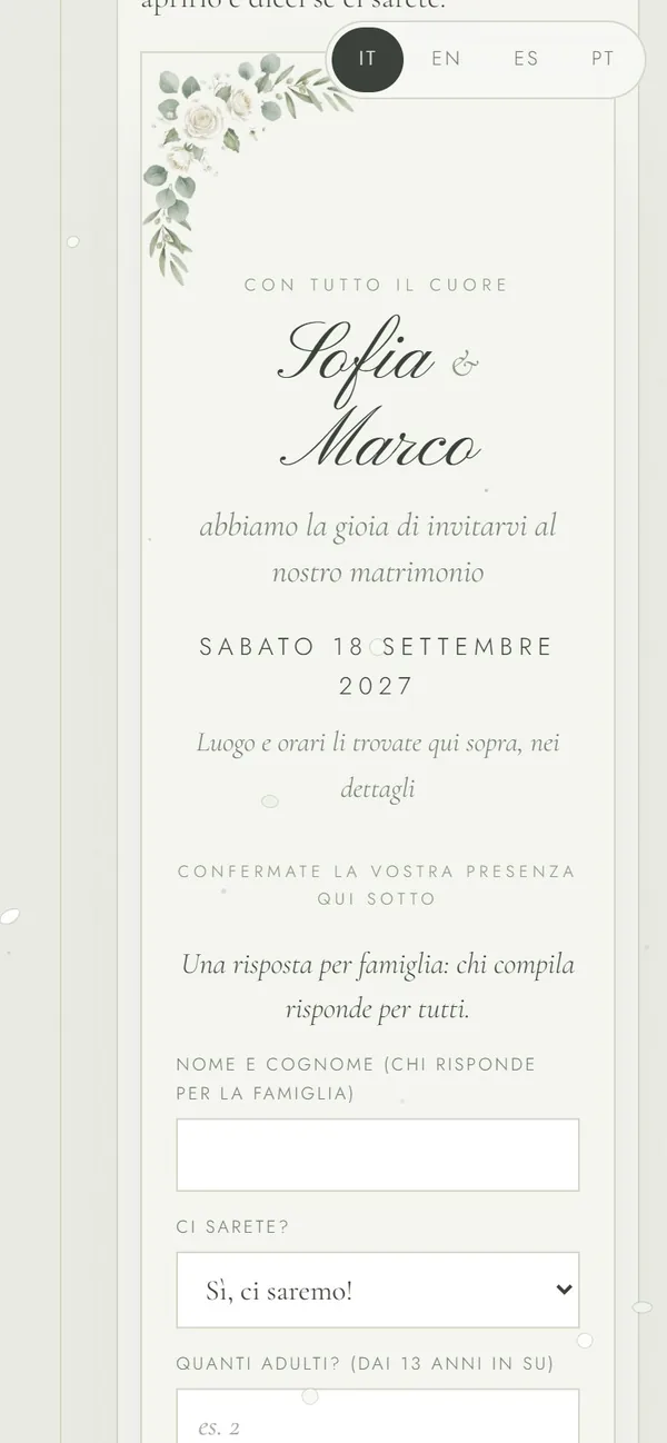 Il cartoncino dell'invito con il modulo di conferma presenza